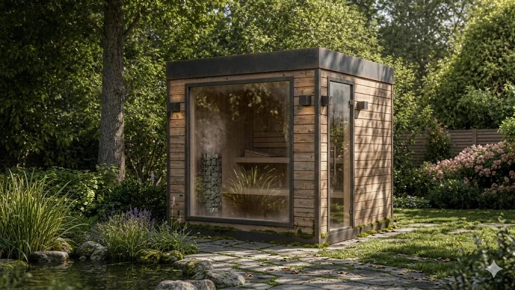 Sauna Fjell – sauna premium Sautu, Klasyczny kształt kubika z naturalnego drewna. Idealna do małych i dużych ogrodów.