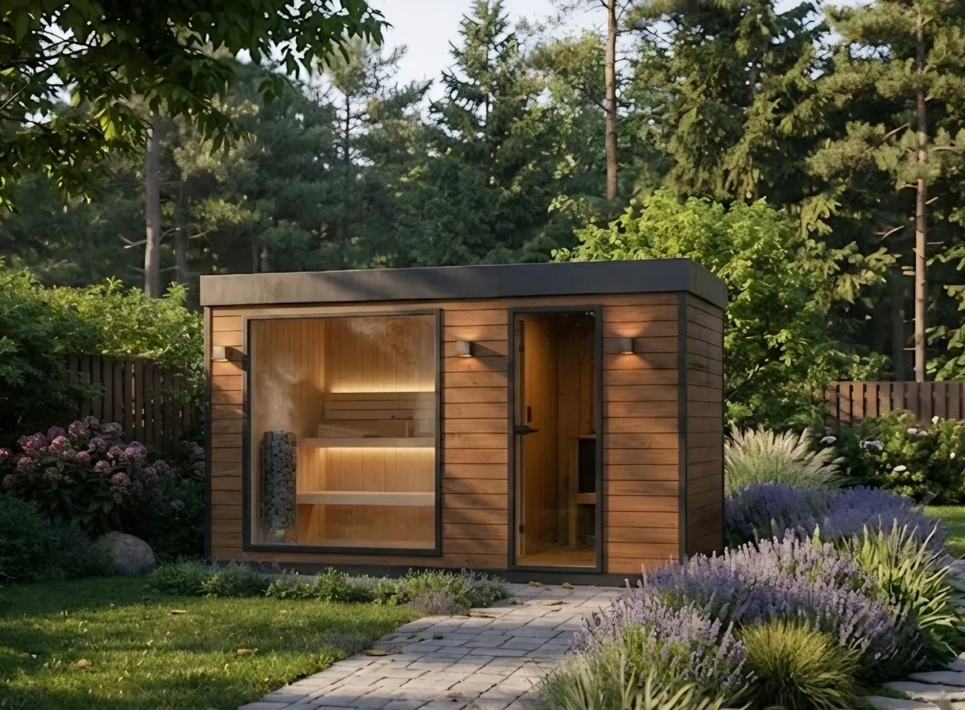Sauna Elv – sauna premium Sautu, Nowoczesny, kubiczny design z panoramicznym przeszkleniem. Minimalizm i elegancja.