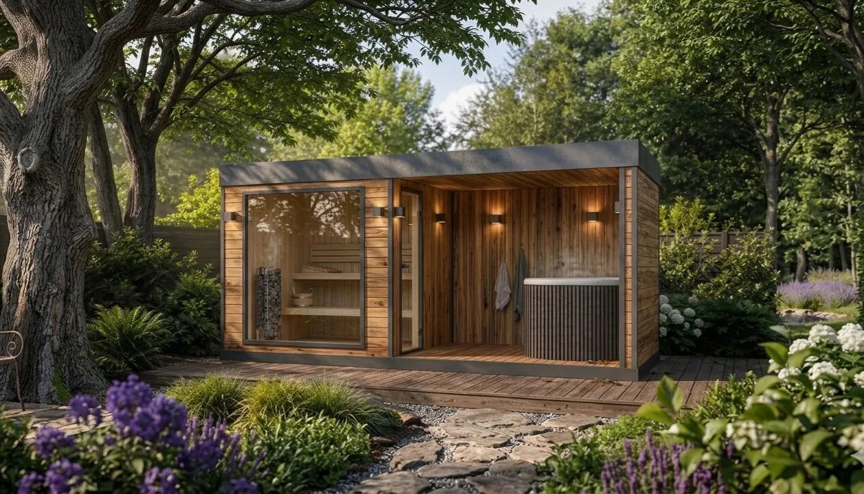 Sauna Eldur – sauny ogrodowe Sautu, Kompleksowe rozwiązanie: sauna z zintegrowaną balia do schładzania lub jacuzzi.