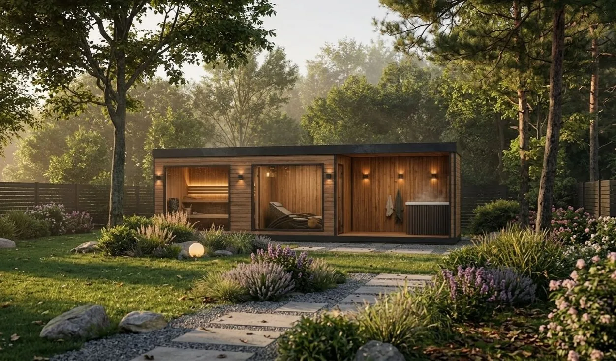 Sauna Eldur XL – sauny ogrodowe Sautu, Pełnowymiarowa sauna ogrodowa premium z tarasem, przedsionkiem i strefą relaksu.